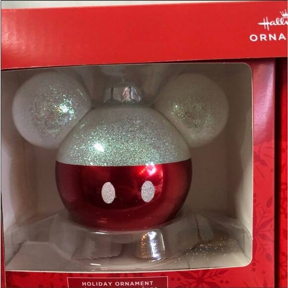 4 New Hallmark Christmas Disney Mickey Mouse Ears Glass Ornaments Black Red Blue - Picture 3 of 6